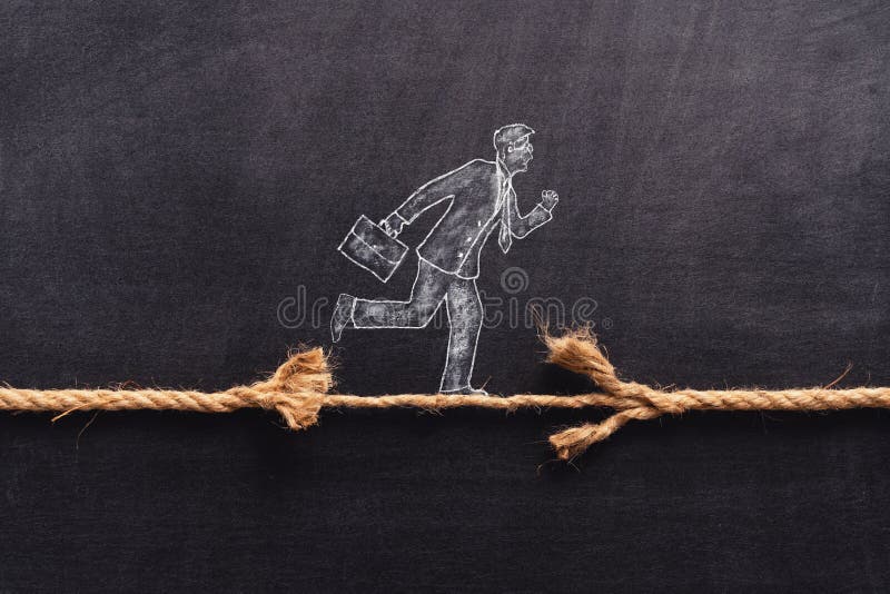 Illustrated businessman is walking on a thiny and frayed rope, metaphoring risky business life an capability of solving