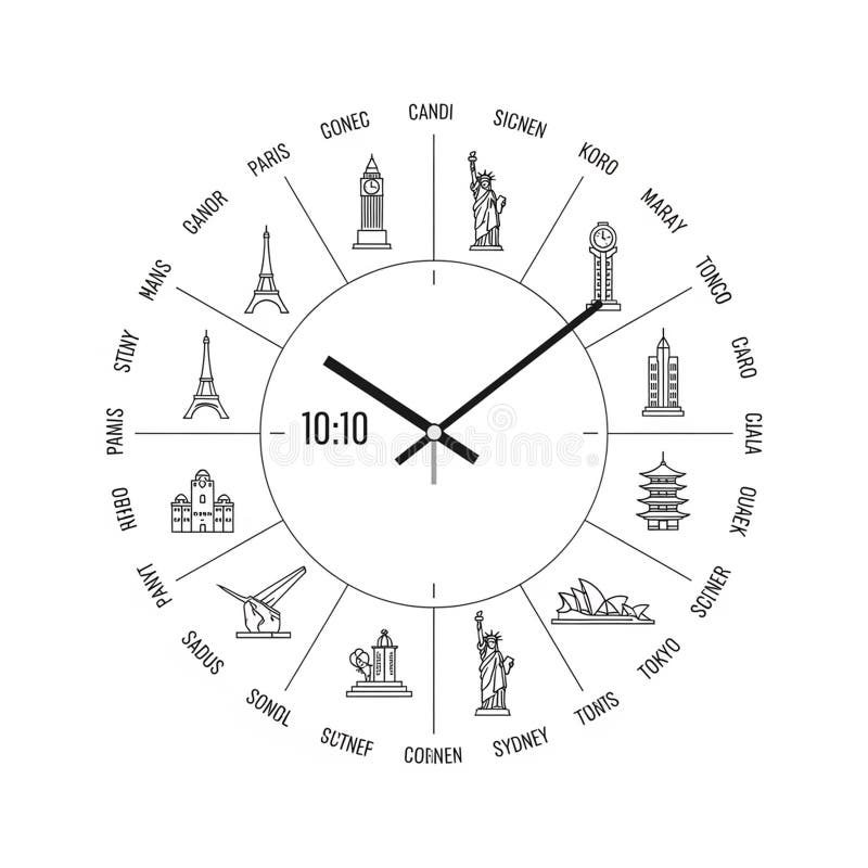 Illustrated clock design featuring prominent global landmarks arranged around the dial icons include the eiffel tower big ben vector illustratie