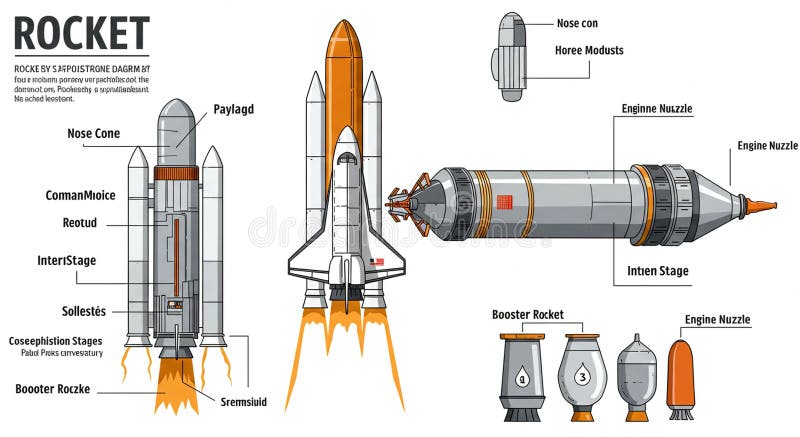 Illustrated diagram of a rocket, showcasing various components labeled with vector illustration