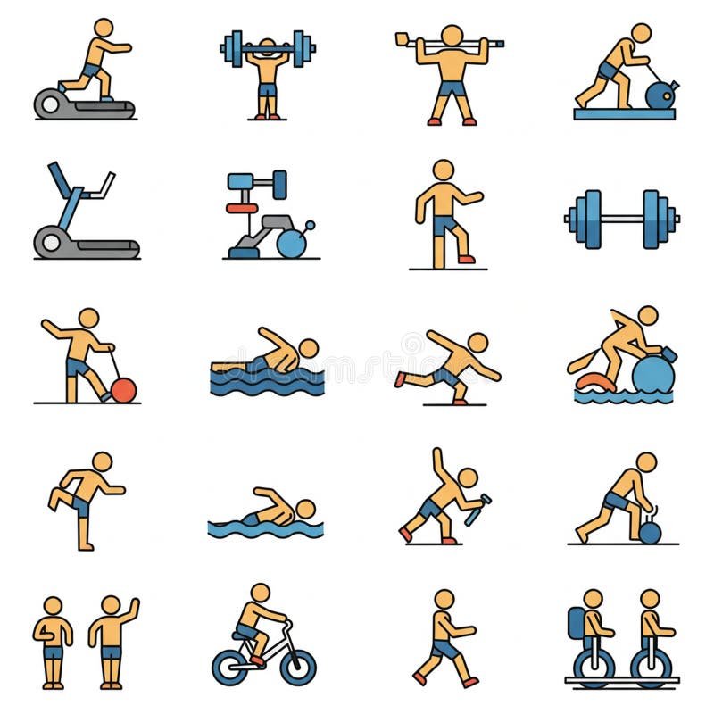 Illustrated icons depict various fitness activities and exercises. Activities include royalty free illustration
