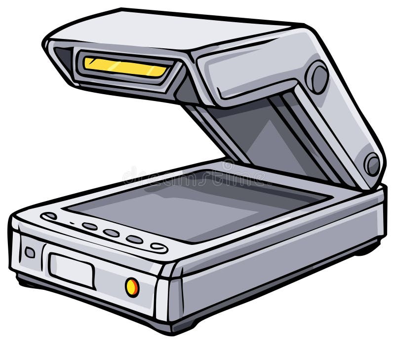 Illustrated image of an open flatbed scanner, ready to scan a document stock illustration