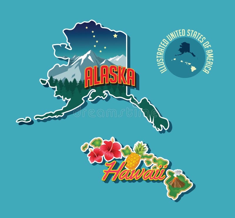Illustrated pictorial map of Alaska and Hawaii
