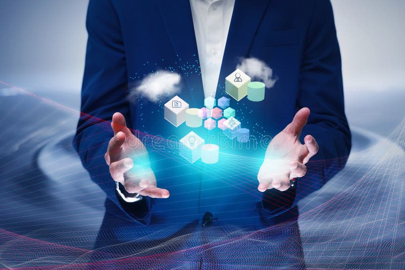 Illustrates the business agility and solution transformation from monolithic to microservice based architecture stock illustration
