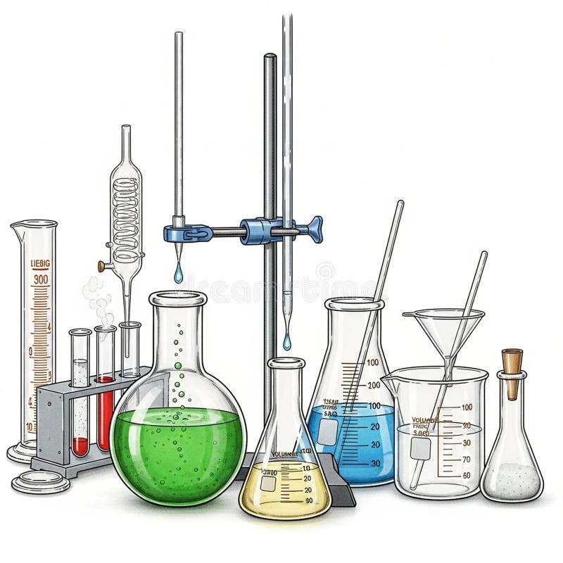 A collection of laboratory glassware and equipment, including a graduated cylinder labeled "Liebig 300mL," test tubes containing red liquid, a round-bottom flask with green liquid, Erlenmeyer flasks with yellow and blue liquids, a burette mounted on a stand, and a beaker with a funnel. The setup illustrates typical chemistry lab tools used for experiments and reactions. The glassware is arranged neatly on a white background. Erlenmeyer flask burette illustrations