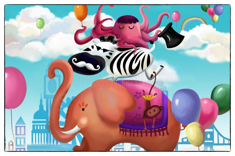 Illustratie: Gelukkige Dierlijke Vriendenkaart De Olifant, de Zebra, de Octopus royalty-vrije illustratie Illustratie: Gelukkige Dierlijke Vriendenkaart De Olifant, de Zebra, de Octopus royalty-vrije illustratie