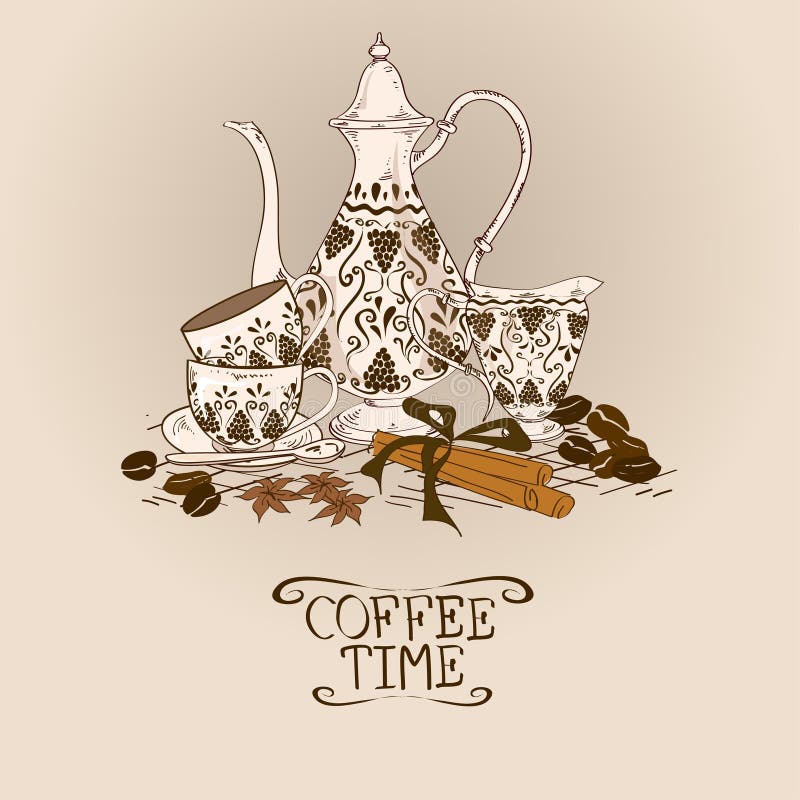 Illustratie met de uitstekende koffiedienst vector illustratie Illustratie met de uitstekende koffiedienst vector illustratie