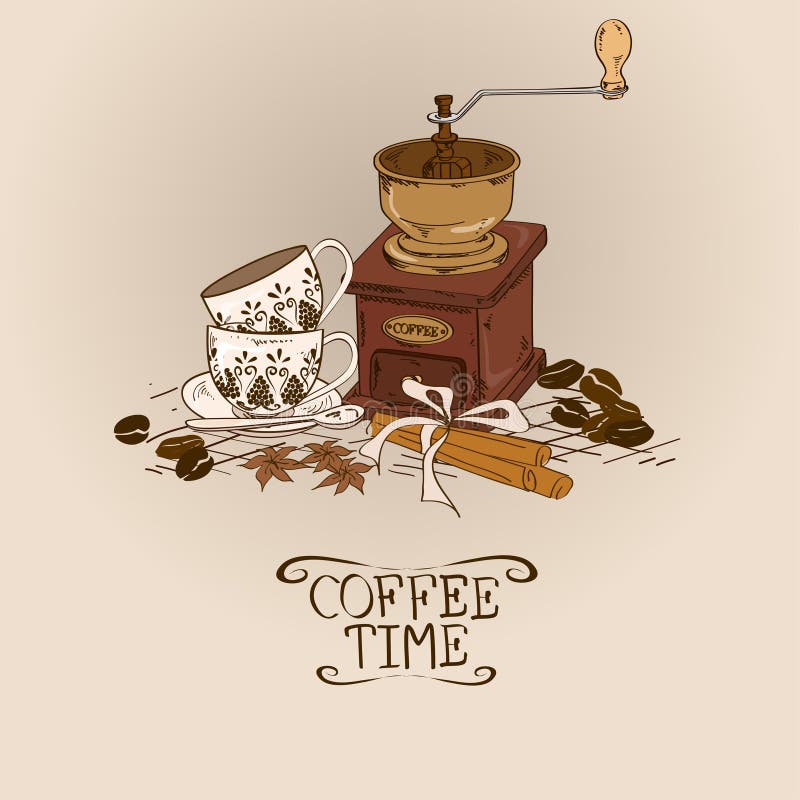 Illustratie met uitstekende koffiemolen en koppen vector illustratie Illustratie met uitstekende koffiemolen en koppen vector illustratie