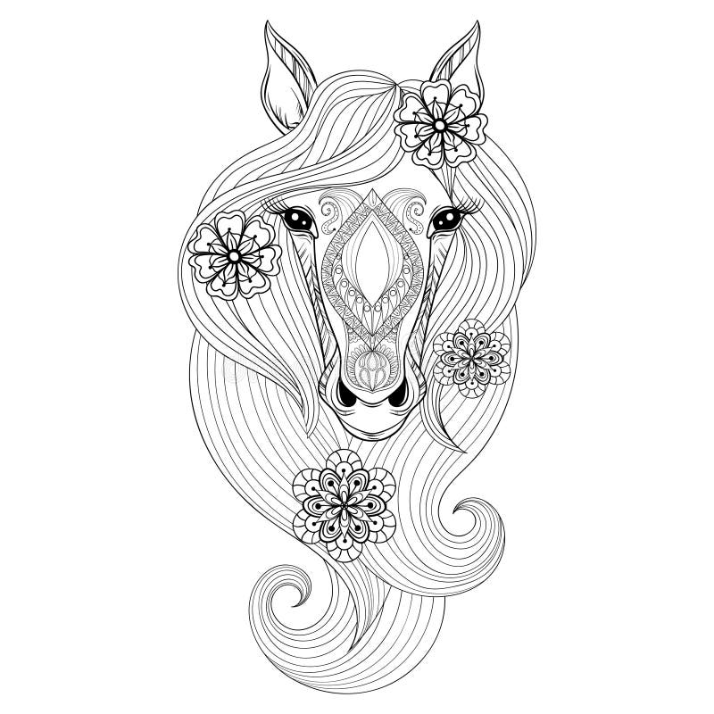 Illustratie op witte achtergrond Kleurende pagina met Paardgezicht Getrokken hand patterne royalty-vrije illustratie Illustratie op witte achtergrond Kleurende pagina met Paardgezicht Getrokken hand patterne royalty-vrije illustratie