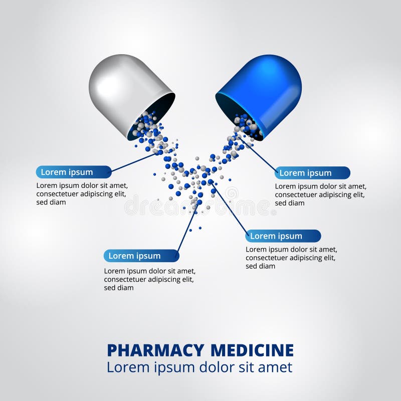 Illustratie van 3D van de de geneeskundeapotheek van de capsulepil van de de gegevensvisualisatie infographic ingrediënten van de royalty-vrije illustratie Illustratie van 3D van de de geneeskundeapotheek van de capsulepil van de de gegevensvisualisatie infographic ingrediënten van de royalty-vrije illustratie