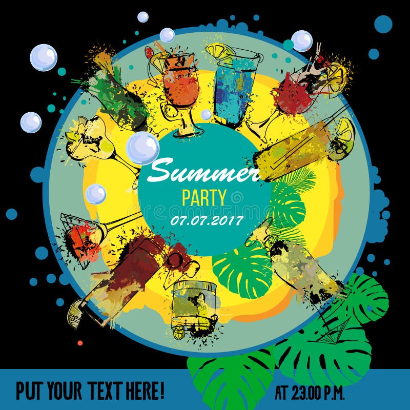 Illustratie van de ontwerper van de Cocktail partyaffiche Malplaatje voor barmenu Alcohol, de Zomerdranken Nevel, vlekwaterverf stock illustratie Illustratie van de ontwerper van de Cocktail partyaffiche Malplaatje voor barmenu Alcohol, de Zomerdranken Nevel, vlekwaterverf stock illustratie