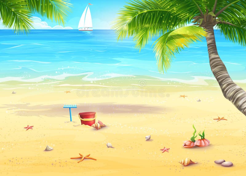 Illustratie van de overzeese kust met palmen, shells, emmer en hark vector illustratie Illustratie van de overzeese kust met palmen, shells, emmer en hark vector illustratie