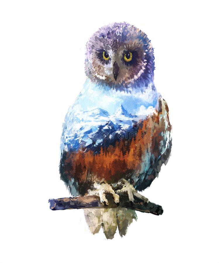 Illustratie van de uil de dubbele blootstelling stock illustratie Illustratie van de uil de dubbele blootstelling stock illustratie