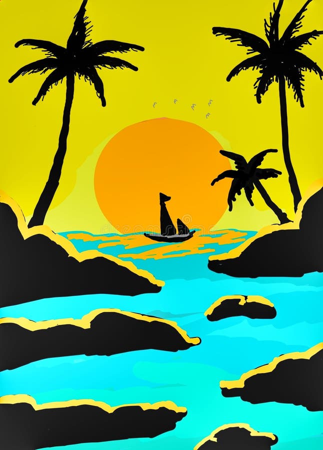 Illustratie van de zonsopgang van de rivierboom en de kleine boot op de achtergrond van het landschap.