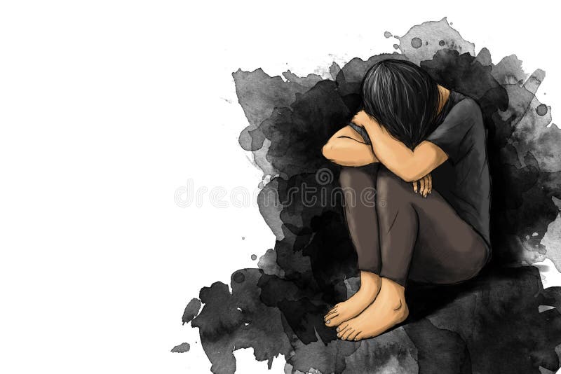 Illustratie van droevige vrouwenomhelzing haar knie en schreeuw met exemplaarruimte