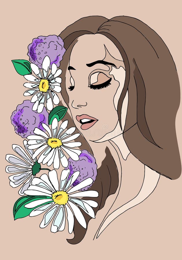 Illustratie van een meisje met bloemen in haar haar, handtekening stock illustratie Illustratie van een meisje met bloemen in haar haar, handtekening stock illustratie