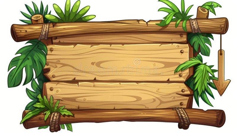 Cartoon illustration of wooden jungle game UI sign board in summer. Tropical menu label on a wooden stick isolated on white. Arrow for direction for summer interface. Clipart illustration of a. AI generated. Cartoon illustration of wooden jungle game UI sign board in summer. Tropical menu label on a wooden stick isolated on white. Arrow for direction for summer interface. Clipart illustration of a. AI generated