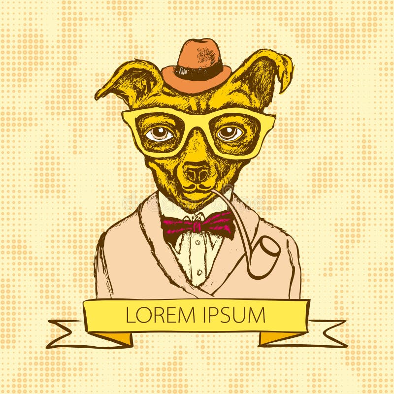 Illustratie van hond hipster met tatoegering omhoog gekleed in t-shirt met citaatvector stock illustratie Illustratie van hond hipster met tatoegering omhoog gekleed in t-shirt met citaatvector stock illustratie