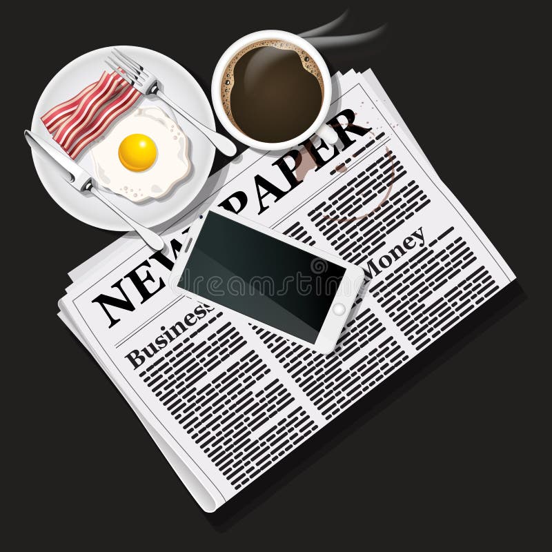 Illustratie van krant en mobiele telefoon met zwarte koffie en royalty-vrije illustratie Illustratie van krant en mobiele telefoon met zwarte koffie en royalty-vrije illustratie