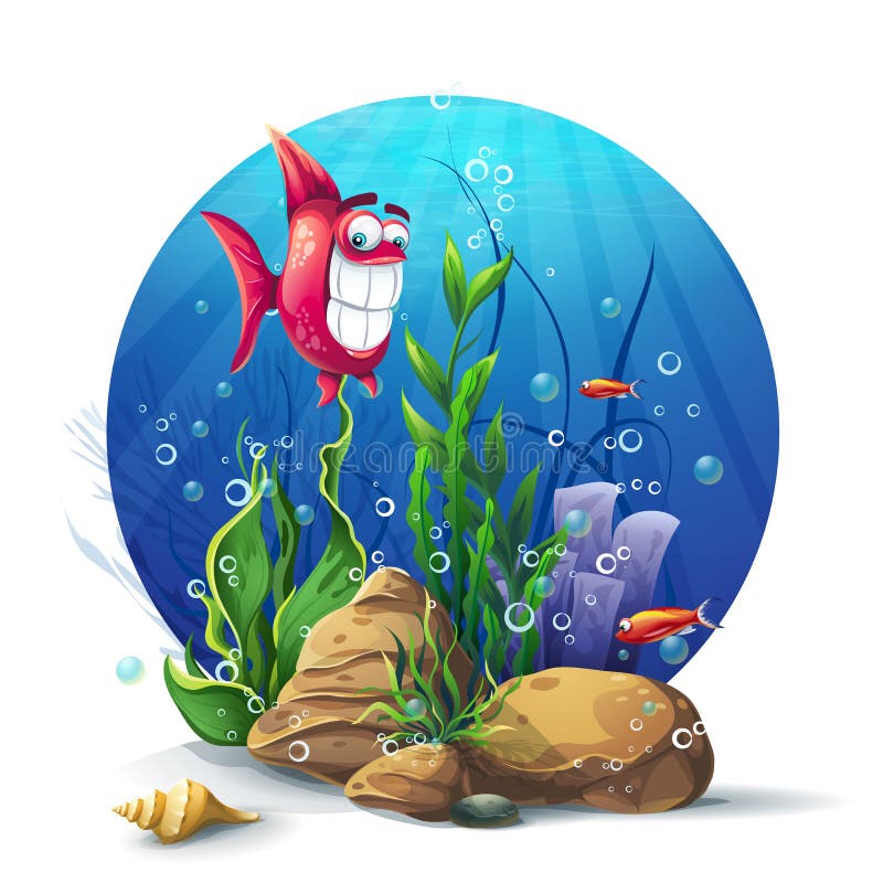 Illustratie van onderwaterrotsen met zeewier en vissenpret vector illustratie Illustratie van onderwaterrotsen met zeewier en vissenpret vector illustratie