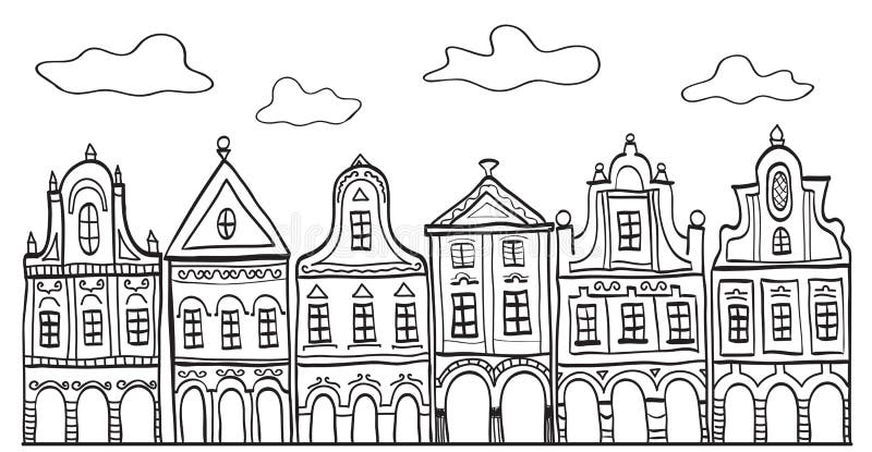 Illustratie van oude verfraaide dorpshuizen stock illustratie Illustratie van oude verfraaide dorpshuizen stock illustratie