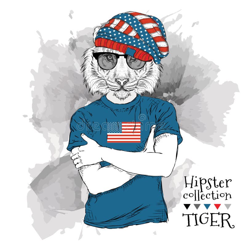 Illustratie van tijger hipster omhoog gekleed in de glazen en in de t-shirt met druk van de vlag van de V.S. Vector illustratie royalty-vrije illustratie Illustratie van tijger hipster omhoog gekleed in de glazen en in de t-shirt met druk van de vlag van de V.S. Vector illustratie royalty-vrije illustratie