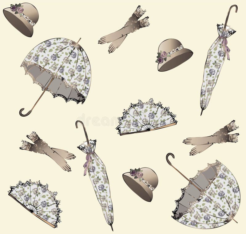 Illustratie van uitstekende paraplu, hoed, ventilator, handschoen.