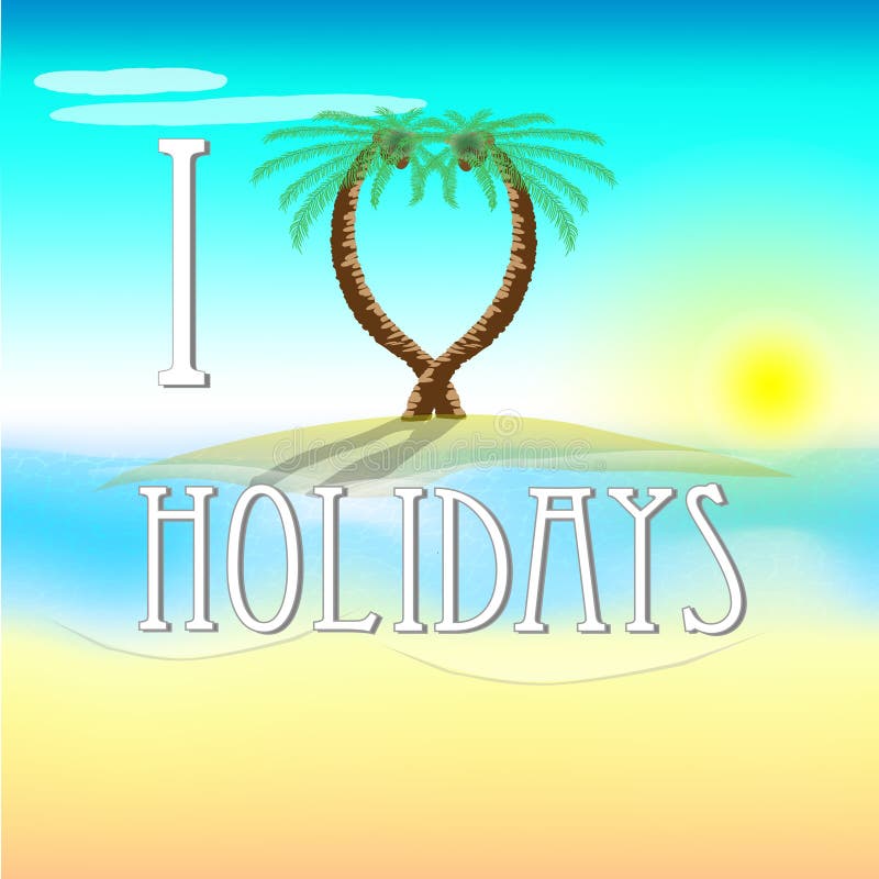 Illustratie van vakantie op strand met liefdepalmen stock illustratie Illustratie van vakantie op strand met liefdepalmen stock illustratie