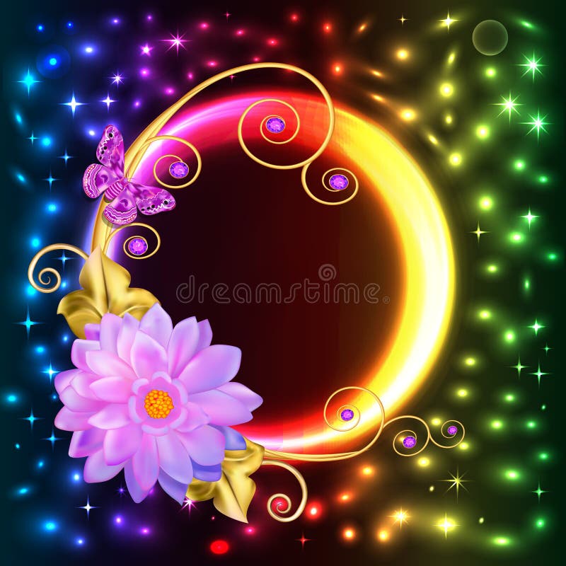 abstract background with flowers and butterflies with gems with bright neon circle