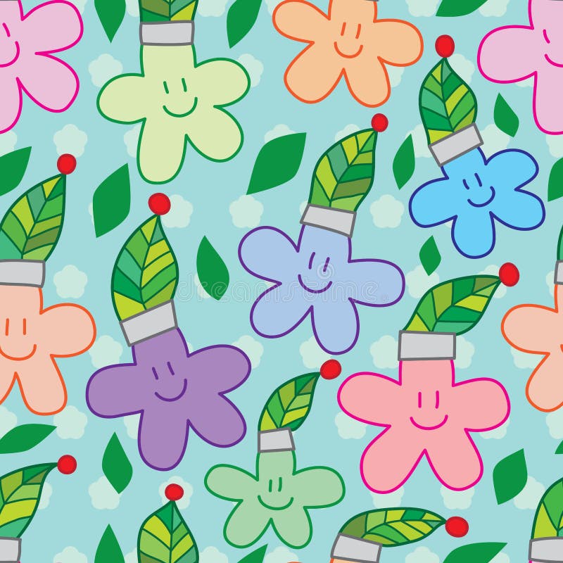 Flower leaf hat smile seamless pattern