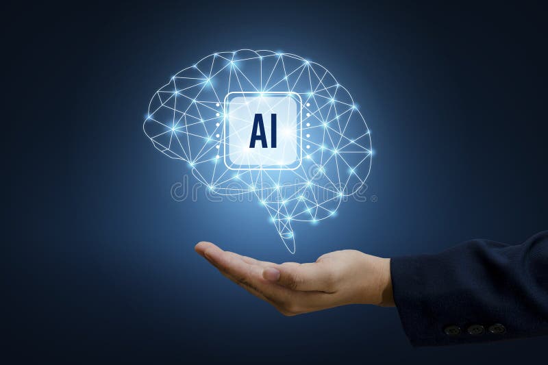 Illustration of an abstract futuristic background with digital technology and artificial intelligence concepts. The text AI stock photography