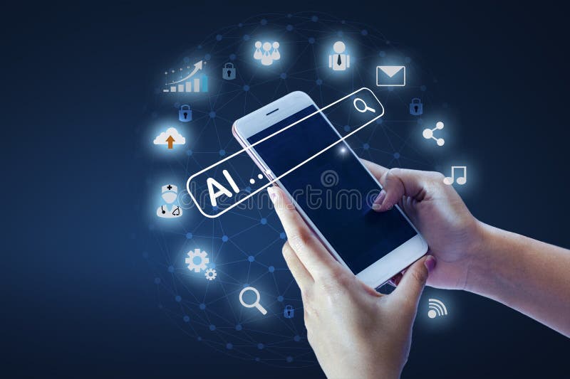 Illustration of an abstract futuristic background with digital technology and artificial intelligence concepts. The text AI stock photo