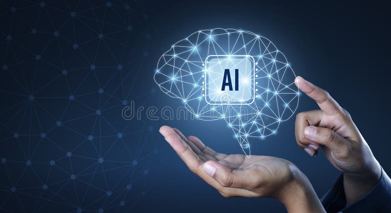 Illustration of an abstract futuristic background with digital technology and artificial intelligence concepts. The text AI royalty free stock image