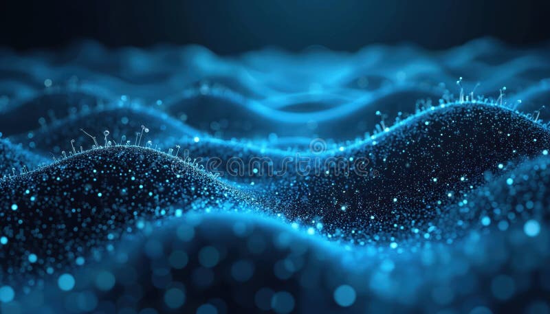 Illustration of abstract futuristic data network technology on dark background. Blue glowing particles, low poly shapes vector illustration
