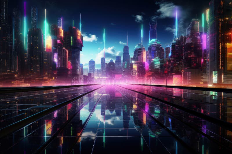 Illustration of an Abstract Neon Megacity with Light Reflections from ...