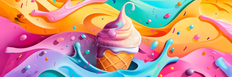 Vibrant abstract illustration of ice cream cone amidst colorful liquid splash background banner. Panoramic web header. Wide screen wallpaper. AI generated. Vibrant abstract illustration of ice cream cone amidst colorful liquid splash background banner. Panoramic web header. Wide screen wallpaper. AI generated