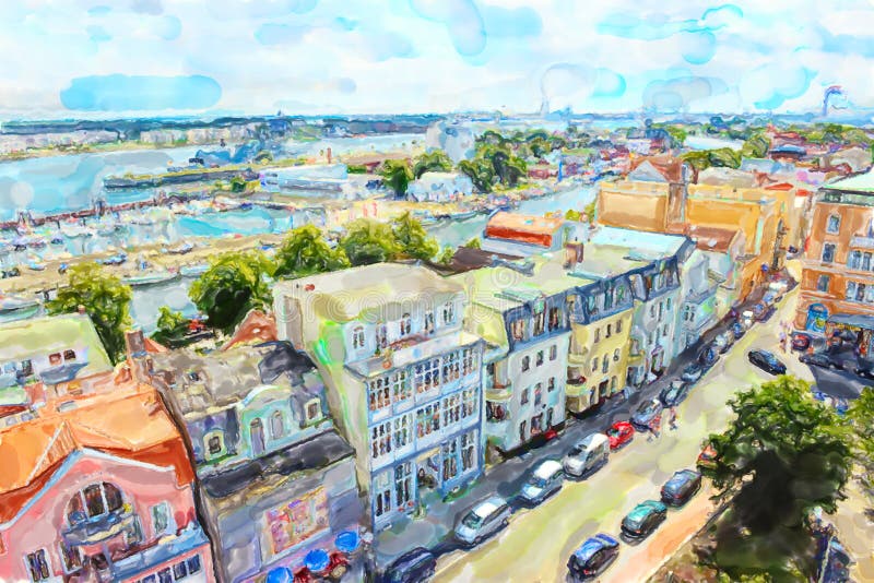 Aerial view over Baltic sea town Warnemunde with its houses beach and port vector illustration Aerial view over Baltic sea town Warnemunde with its houses beach and port vector illustration