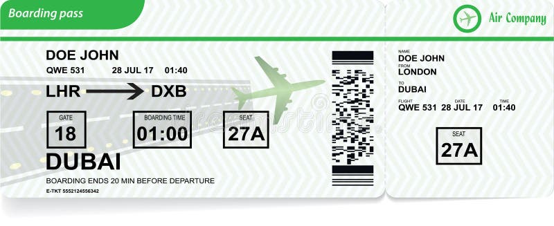 Illustration of airplane boarding pass. Green flight coupon. Vector airline ticket. Illustration of airplane boarding pass. Green flight coupon. Vector airline ticket.