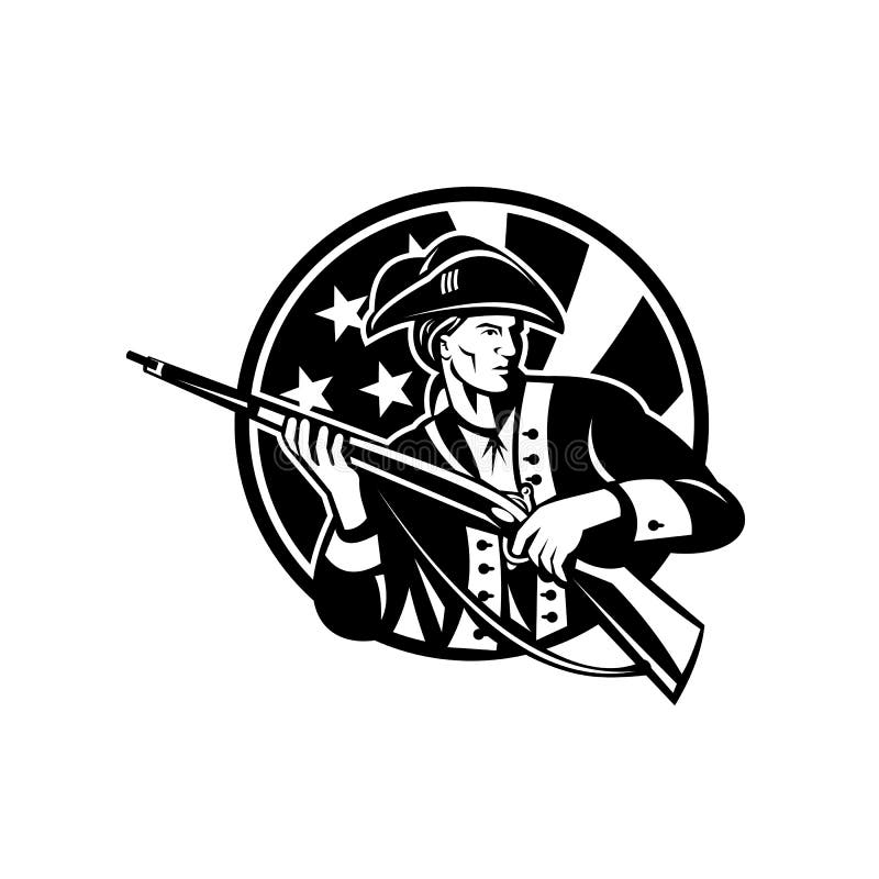 American Revolutionary Soldier with Rifle and USA Flag Circle Retro Black and White