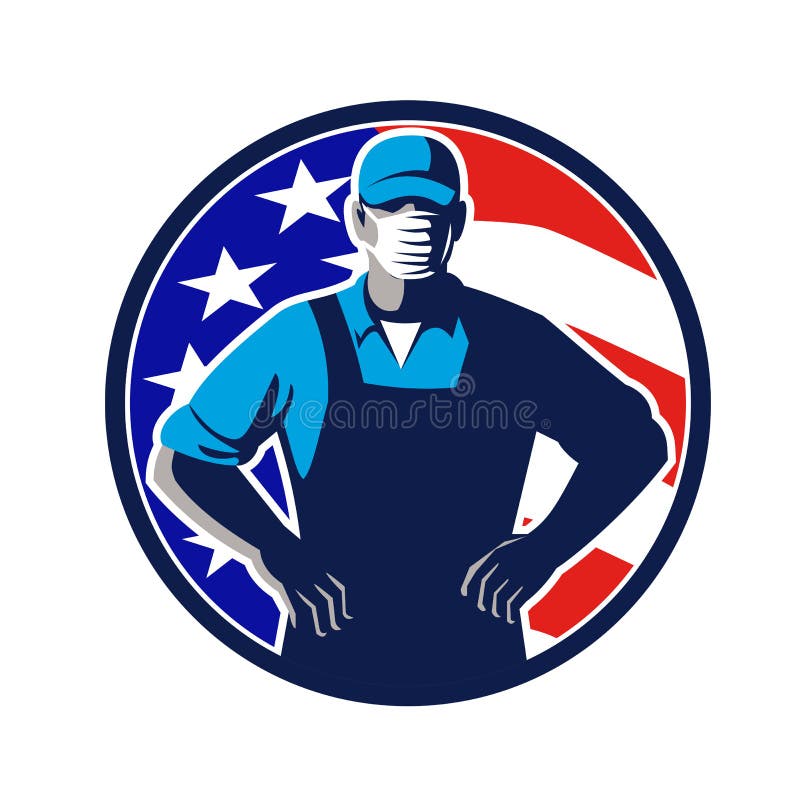 Grocery Worker Wearing Mask USA Flag Circle Retro