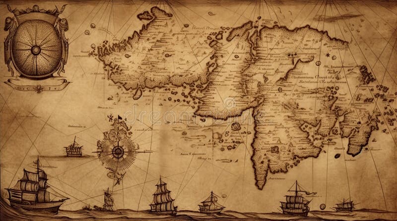 Illustration, ancient medieval nautical map, ai generative vector illustration