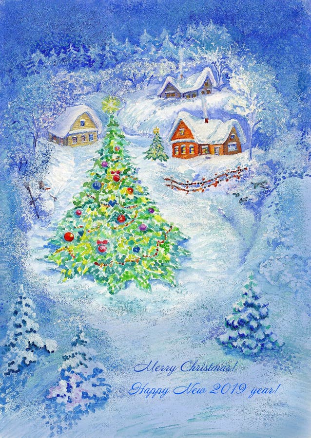 Illustration, art, drawing, watercolor, night, village, houses, winter, Christmas tree, blue, background, new year, snow, vector illustration Illustration, art, drawing, watercolor, night, village, houses, winter, Christmas tree, blue, background, new year, snow, vector illustration