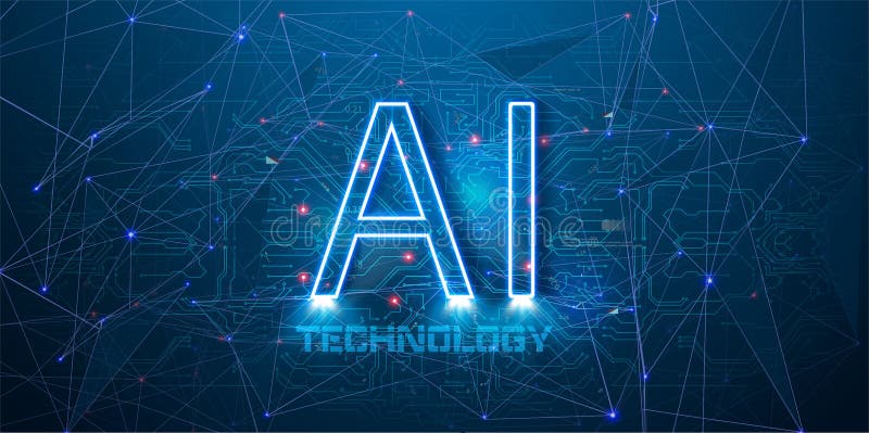 Illustration of Artificial intelligence AI with blue neon AI text on a printed circuit Board background. Abstract the vector illustration