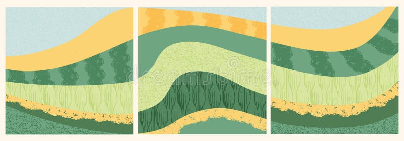 Illustration av abstrakt landskapslandskap inom jordbruket. Bakgrund i jordbruksdalens dalgång. grönt ekologiskt mönster med stock illustrationer
