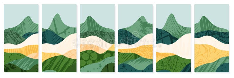 Illustration av abstrakt landskapslandskap inom jordbruket. Bakgrund i jordbruksdalens dalgång. grönt ekologiskt mönster med stock illustrationer