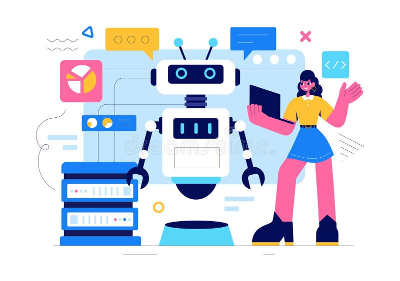 Illustration av artificiell intelligensvektor med digital hjärnteknik och teknik med en programmeraranalys vektor illustrationer