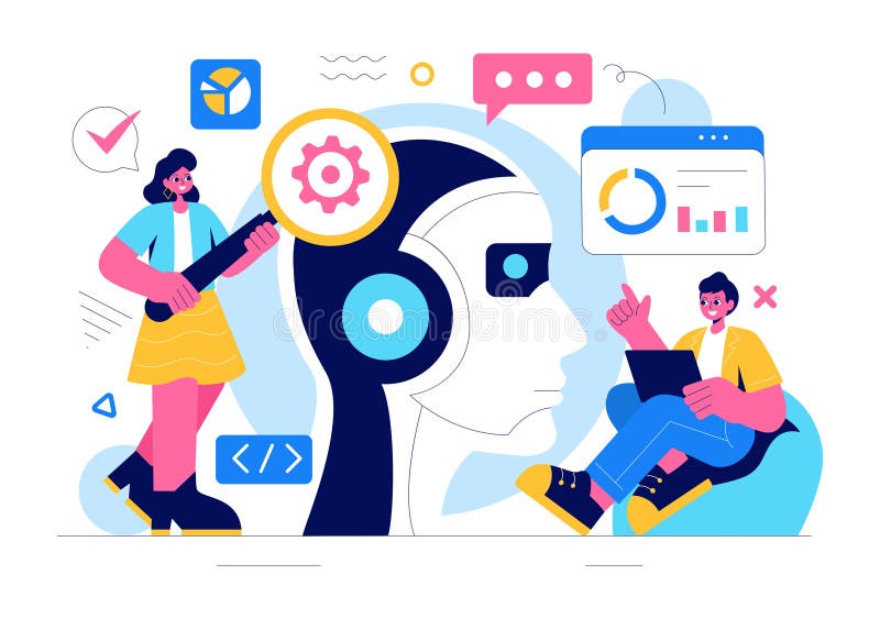 Illustration av artificiell intelligensvektor med digital hjärnteknik och teknik med en programmeraranalys stock illustrationer