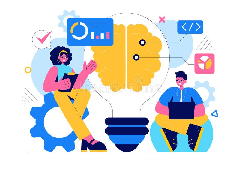 Illustration av artificiell intelligensvektor med digital hjärnteknik och teknik med en programmeraranalys royaltyfri illustrationer