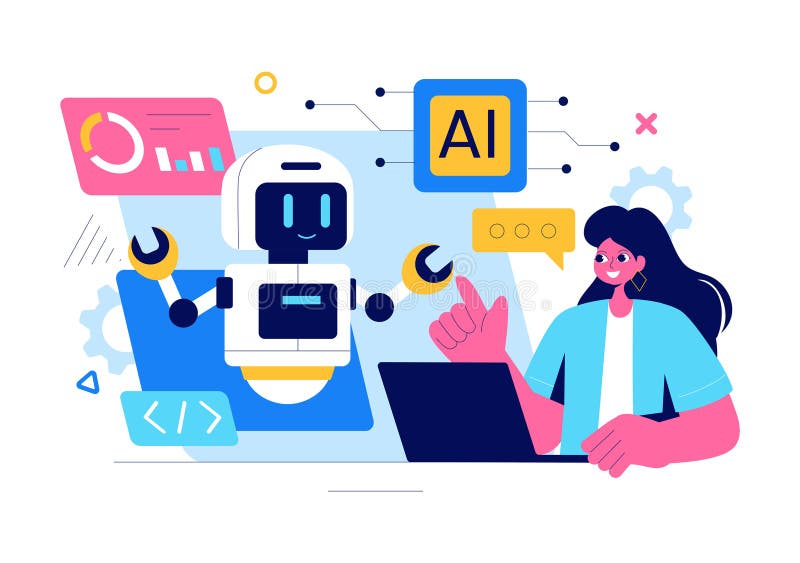 Illustration av artificiell intelligensvektor med digital hjärnteknik och teknik med en programmeraranalys royaltyfri illustrationer