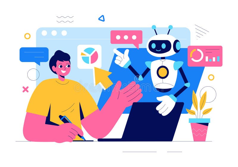 Illustration av artificiell intelligensvektor med digital hjärnteknik och teknik med en programmeraranalys vektor illustrationer