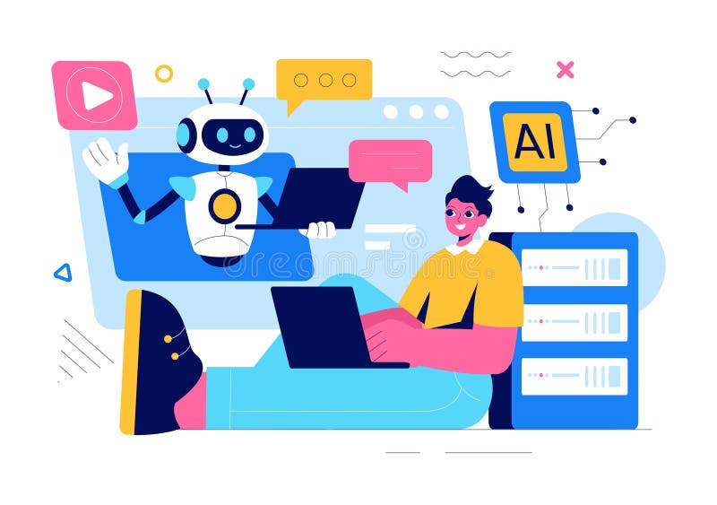 Illustration av artificiell intelligensvektor med digital hjärnteknik och teknik med en programmeraranalys royaltyfri illustrationer